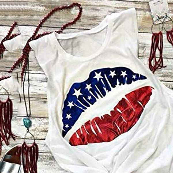

5xl fashion womens sleeveless lip print american flag printed casual vest shirt female fashion letter collar shirt vest tank, White