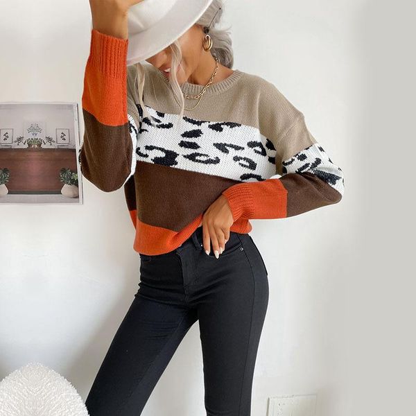 

women's sweaters contrast leopard round neck knitted pullover sweater women autumn 2021, White;black