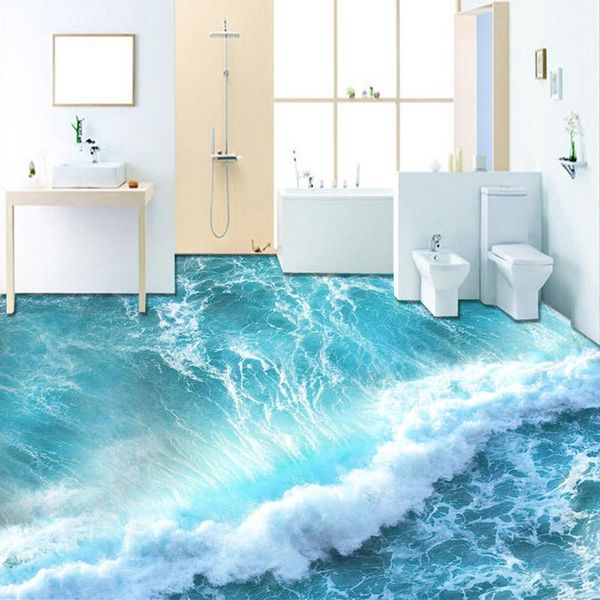 Wallpapers personalizado auto-adesivo piso mural Papel de parede moderno onda do mar 3d telhas adesivo de casa de banho PVC Papel de parede impermeável 3 d