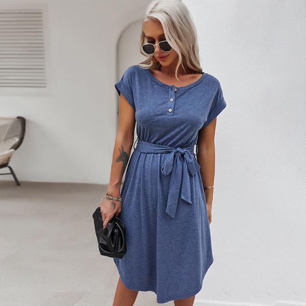 

party dresses casual holiday boho beach womens round neck summer dress short sleeve loose midi knitting, White;black