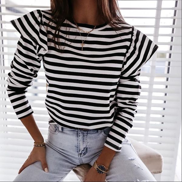 

2021 autumn women blouse shirt striped ruffle long sleeve womens casual blouse feminine fashion woman blouses o neck loose top, White