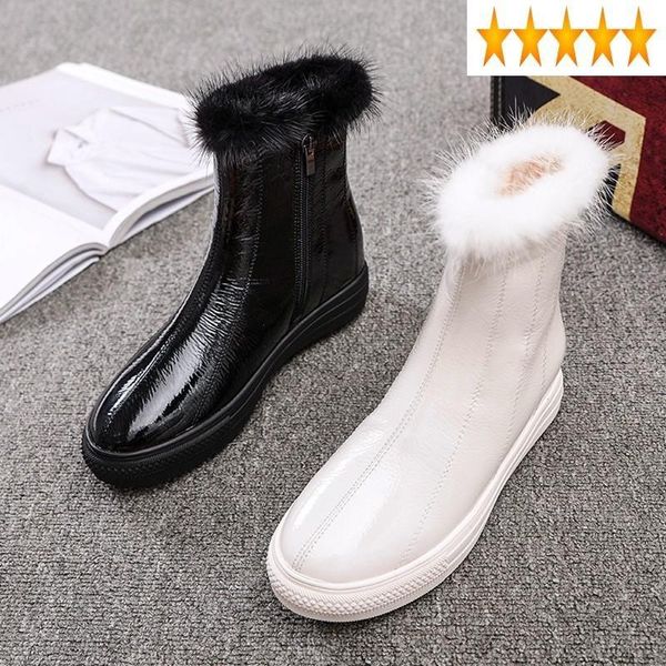 

boots fleece winter ladies patent leather lining snow women fur round toe flats ankle warm casual shoes streetwear, Black