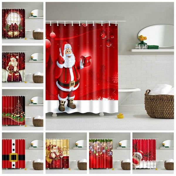 Beleuchtete Weihnachtsduschvorhang gedrucktes Happy Year Santa Claus Rot wasserdichte Vorhänge für Dusche Badezimmer Weihnachtsdekor 211116