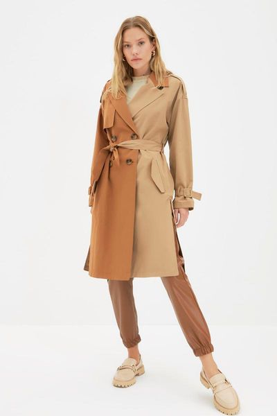 

women's trench coats trendyol arched color block twoaw22tr0007, Tan;black