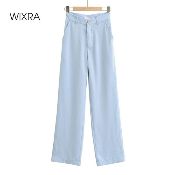 Wixra Womens Solta Terno Calças Longas Senhoras Sólida Cintura Alta Botão Zipper Casual Limpando Calças de Pé largo 210915