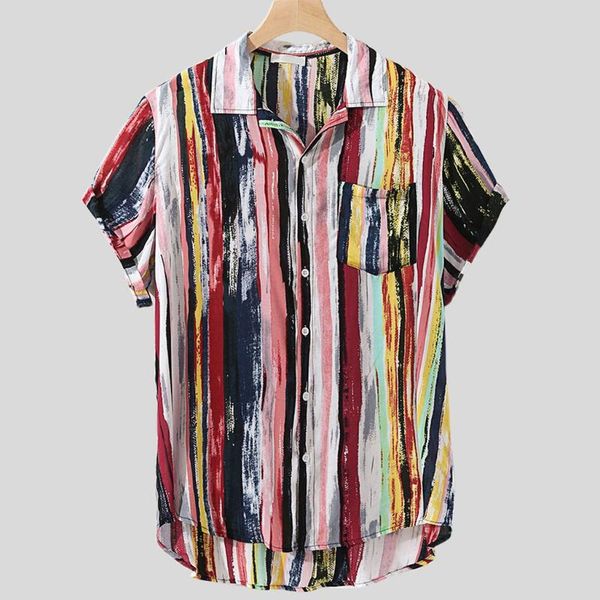 

men's casual shirts classic summer stripe print hawaiian shirt fashionable lapel short sleeve round hem loose masculina camicia, White;black