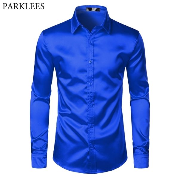 Royal Blue Silk Silk Satin рубашка мужчины роскошный бренд Slim Fit Mens платье рубашки свадьба повседневная мужская повседневная рубашка Chemise 210708