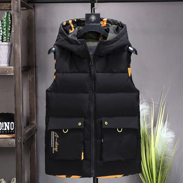 

men's vests warm vest double-sided sleeveless jacket 2021 winter camouflage men solid color big pockets waistcoat 4xl 5xl 6xl, Black;white