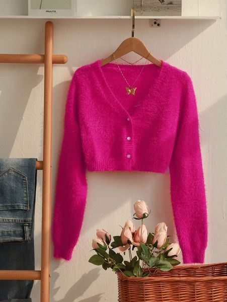 

fuzzy knit button-front cropped cardigan s6in#, White