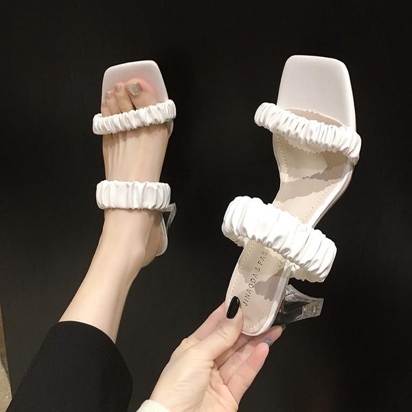 

slippers shoes woman 2021 flat square heel luxury slides pantofle jelly flip flops heeled mules block designer glitter high, Black