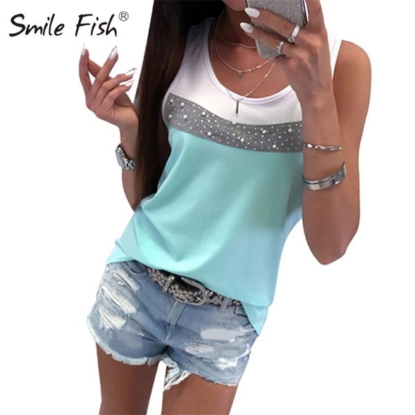 

patchwork summer tank sleeveles t-shirts fashion casual femme o-neck tshirt beading diamonds sarafan plus size gv232 210708, White