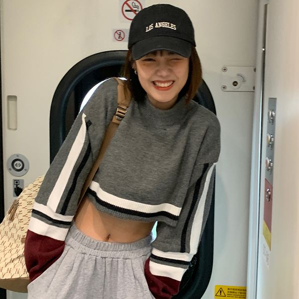 

new 2021 autumn winter women pullovers and sweaters jumper preppy style striped patchwork short knitted sweater (c8668) y2uk, White;black