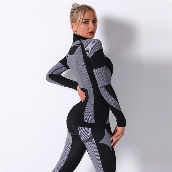 

2pcs/set women sports suit yoga set gym turtleneck clothes long sleeve fitness crop + striped knitted seamless leggings new, White;red