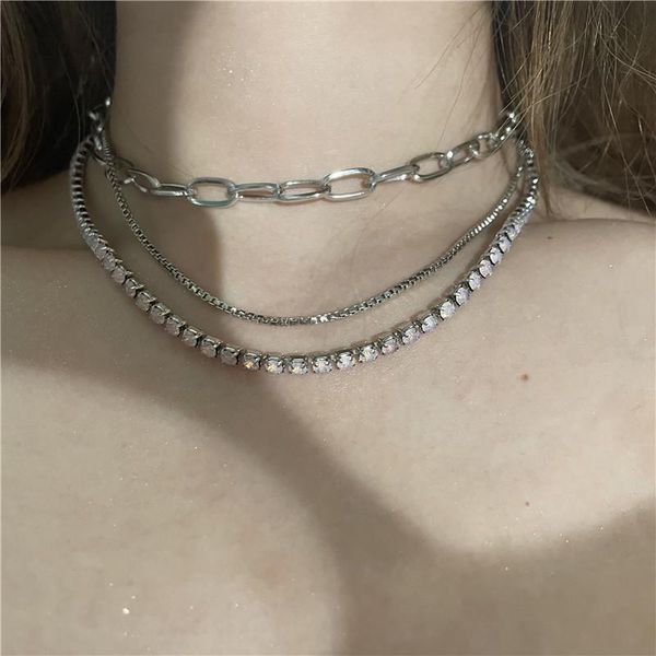 

chokers hip hop style multilayered neck chains luxury zirconia ladies necklace korean fashion necklaces for women cool jewelry, Golden;silver