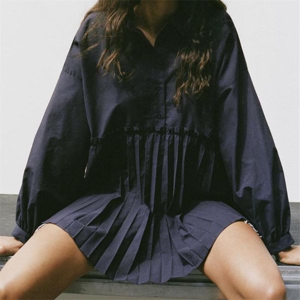 

2021 autumn women's new small pleated poplin shirt collar long-sleeved small pleated hem buttoned long shirt, White