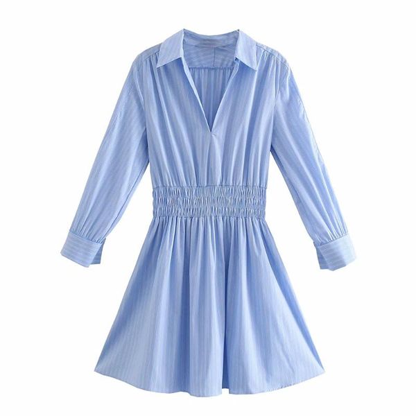 

casual dresses bbwm 2021 women elegant blue stripe long sleeve dress female elastic waist office lady summer fashion mini, Black;gray