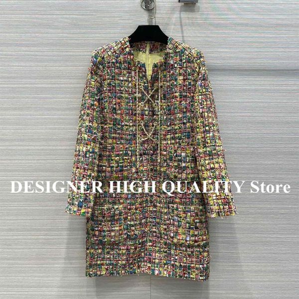 

casual dresses 2021 spring autumn colorful plaid retro tweed dress o-neck chain cross lace up long sleeve straight luxury party, Black;gray
