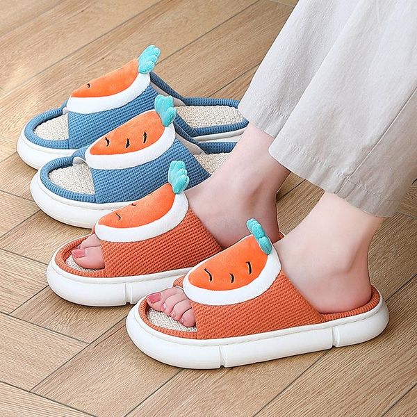 

slippers bedroom cute cartoon carrot women spring summer breathable ladies flax slides floor couples shoes, Black