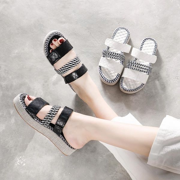

sandals genuine leather ladies fashion woven rope slippers casual beach outdoor, Black