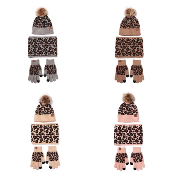 

2021 wool hat gloves and scarf suit leopard-print touch-screen glove for warmth, Blue;gray