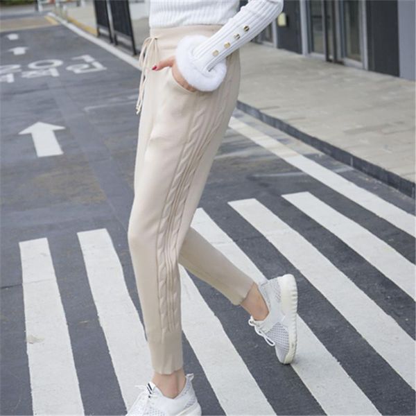 

women's pants & capris winter lace-up elastic women trousers 2021 loose knitted warm thicken stretchable pantalones mujer 5 colors, Black;white
