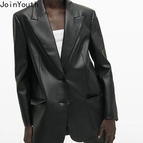 

women's leather & faux joinyouth 2021 jacket women solid color suit collar fashion pu casual coat korean temperament fall womens cloth, Black