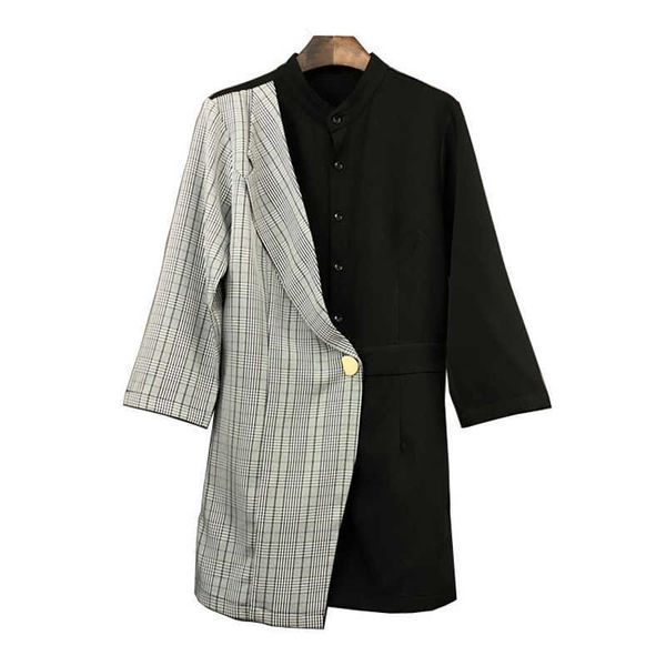 

perhaps u women rompers black plaid stand collar blazer patchwork playsuits pocket long sleeve asymmetrical high street j0046 210529, Black;white