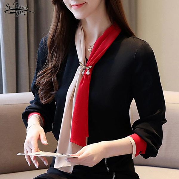

women's blouses & shirts vintage chiffon blouse spring casual v-neck office ladies solid long sleeve loose female shirt 8458, White