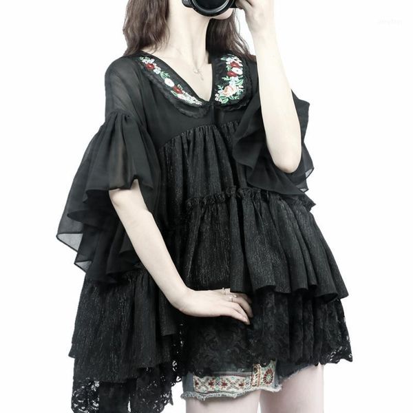

women's blouses & shirts women summer mori girl style sweet embroidery floral lace patchwork chiffon korean casual oversized black, White