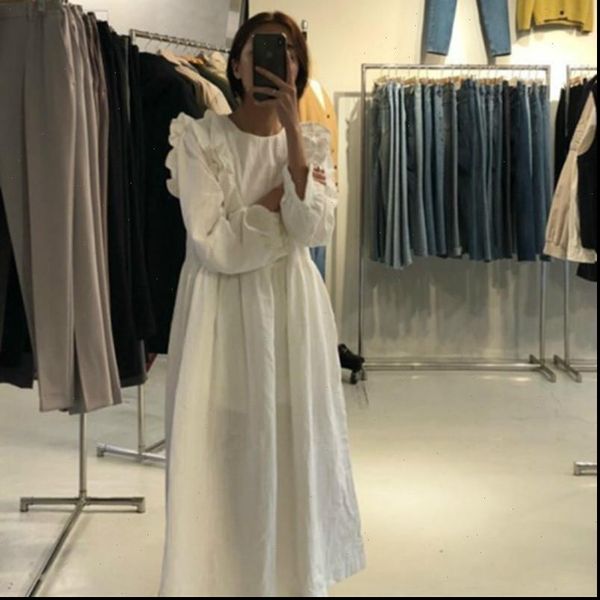 

women autumn bubble cotton white long ruffle dress loose long sleeve vintage elegant high waist dresses round collar, Black;gray