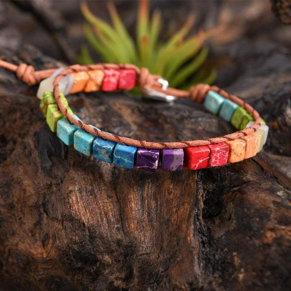 

charm bracelets bohemia 7 chakra bracelet jewelry handmade multicolor natural stone tube beads leather wrap couples gifts, Golden;silver
