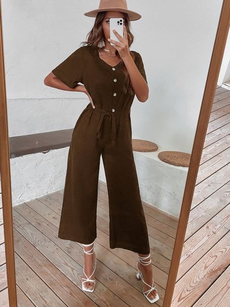 

solid half button belt jumpsuit n6bd#, White