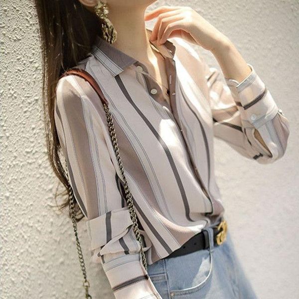 

women's blouses & shirts fashion woman 2021 stripe chiffon long sleeve and slim single breasted striped oversize shirt, White