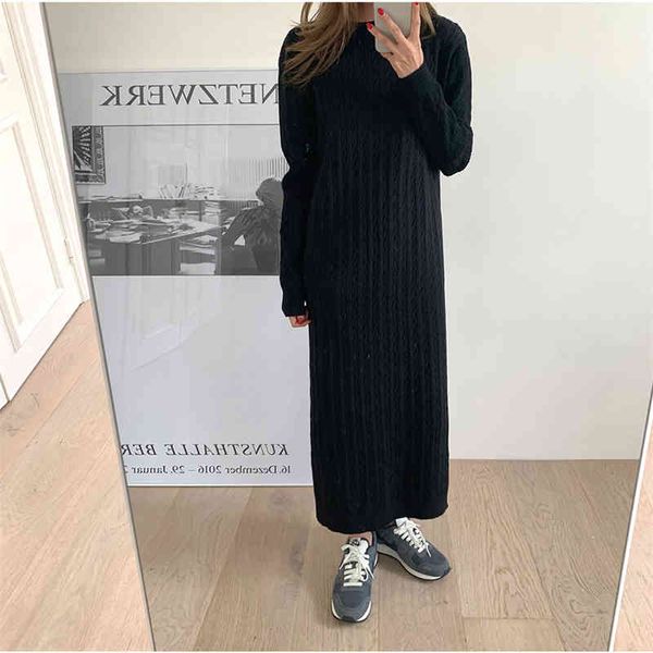 

korean winter knit one piece dress round neck slim womens office mid-length dress retro split sweater party, Black;gray