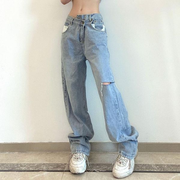 Kadın Kot Trendy Düz Kadın Giyim Estetik Baggy Geniş Bacak Pantolon Asimetrik Denim Pantolon Delik Streetwear Moda Kesip