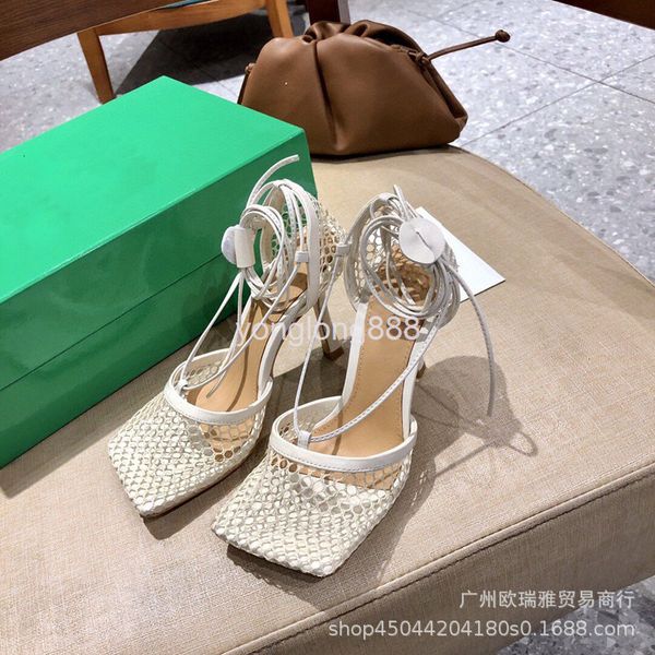 

dress shoes summer woven mesh stitched cowhide ring foot strap square head hollow high-heeled sandals women's shoes, Black