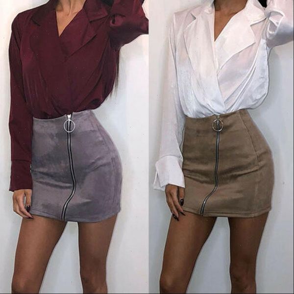 

women ladies high waist skirts zip up suede leather pocket short mini jupe femme summer pencil solid skirt, Black