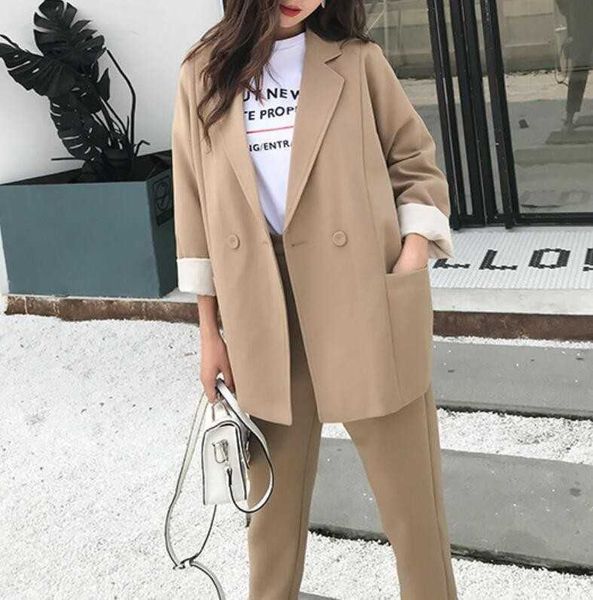 

spring suit for women khaki blazer long pant two pieces sets women elegant working sets female korean sets 210604, White