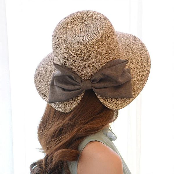 

wide brim hats summer style parent-child wild ladies bow split straw hat big outdoor sun protection holiday, Blue;gray