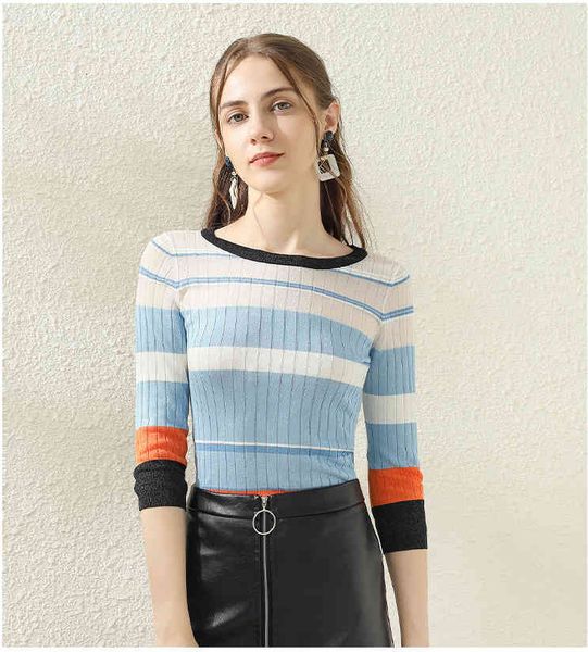 

women's sweaters female striped sweater with round neck , women's b145 mesh ploq, White;black