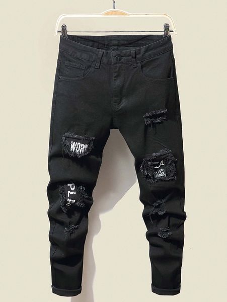 

men letter graphic ripped tapered jeans s9ze#, Blue