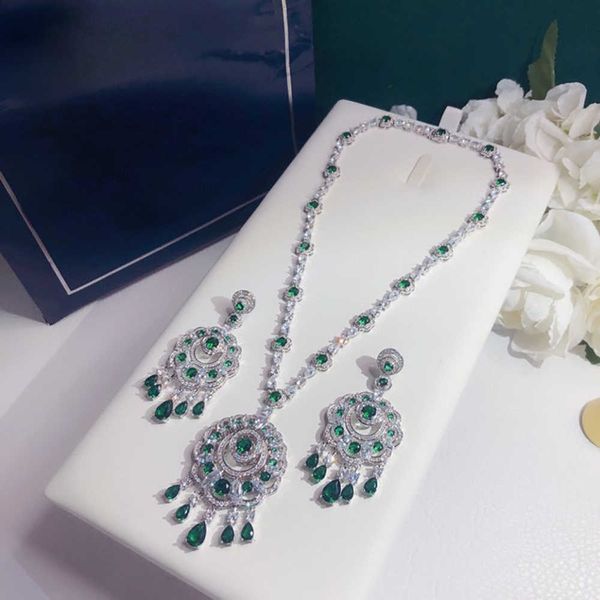 

brand fine custom jewelry women fan wedding green crystal party water drop crystal big design party banquet neckacle earrings, Silver
