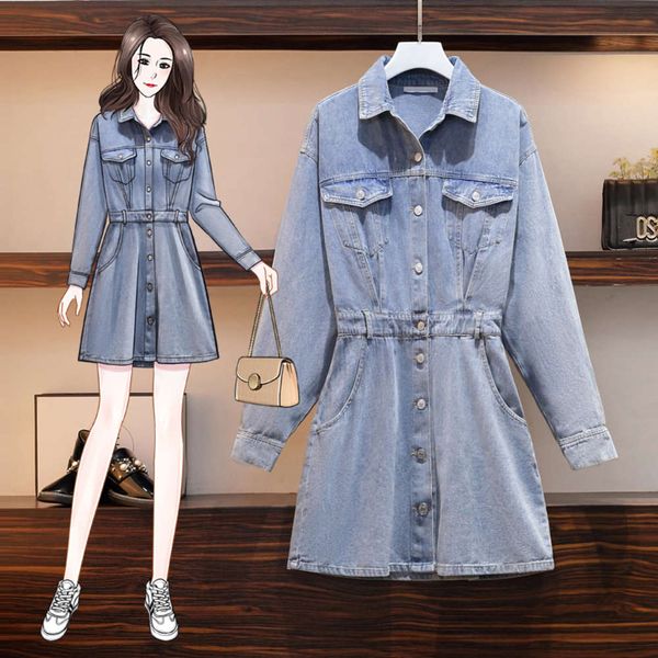 

large size women's 2021 spring dress new fat sister show thin age reduction fashion cover belly foreign style shirt denim dress, Black;gray