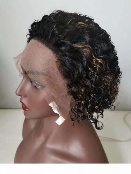

highlight 1b 27 short wig pixie cut 13x4 curly human hair lace front wigs for black women 150% raw indian remy blonde colored glueless wig, Black;brown
