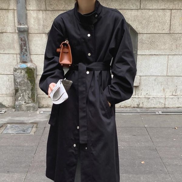

2021 minimalist oversize single-breasted long trench coat elegant ol overcoat new workwear windbreaker with belt 6yif, Tan;black