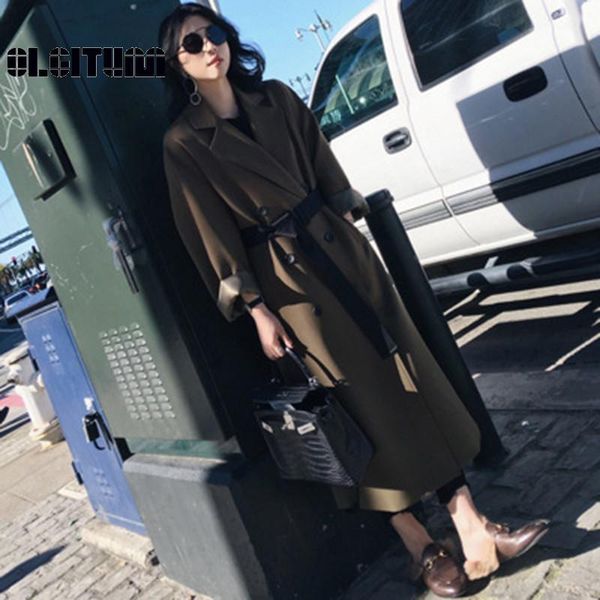 

women's trench coats 2021 autumn korean style women long slim coat casual elegant ladies loose double breasted, Tan;black