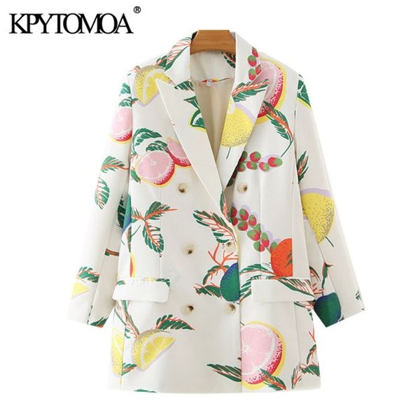 

kpytomoa women fashion double breasted fruit print blazers coat vintage long sleeve pockets female outerwear chic 211006, White;black