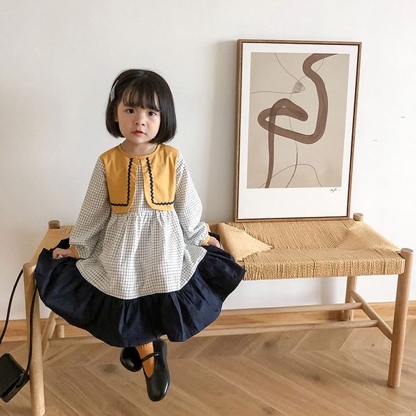 Japonês e coreano meninas moda contraste cor flouncing princesa vestido outono crianças solta xadrez vestidos 210303