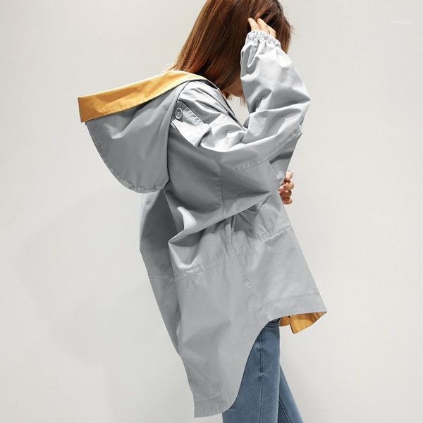 

abrigos mujer spring auutmn women windbreaker korean casual hooded loose trench coat femme outwear lx7901, Tan;black