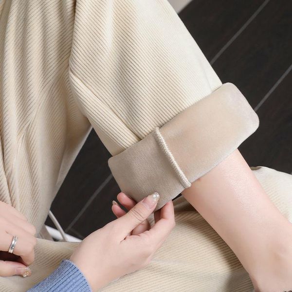 

women's pants & capris women winter plus velvet thickened wide leg high waist all-match loose trousers female students, Black;white